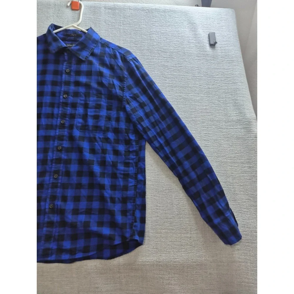 Banana Republic Shirt Men Medium Blue Black Buffalo Check Untucked Fit Button UP